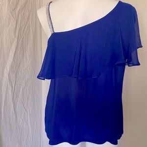 Dressbarn Asymmetrical Sleeve Ruffled Shoulder & Rhinestone Strap blouse